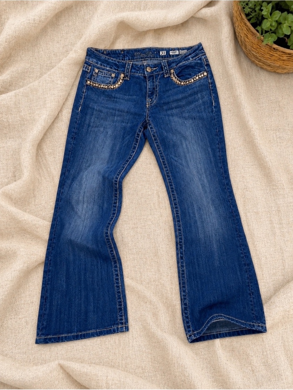 Miss Me Bootcut Jeans Womens Size 31 Rhinestone Pocket Medium Wash Western Bling
